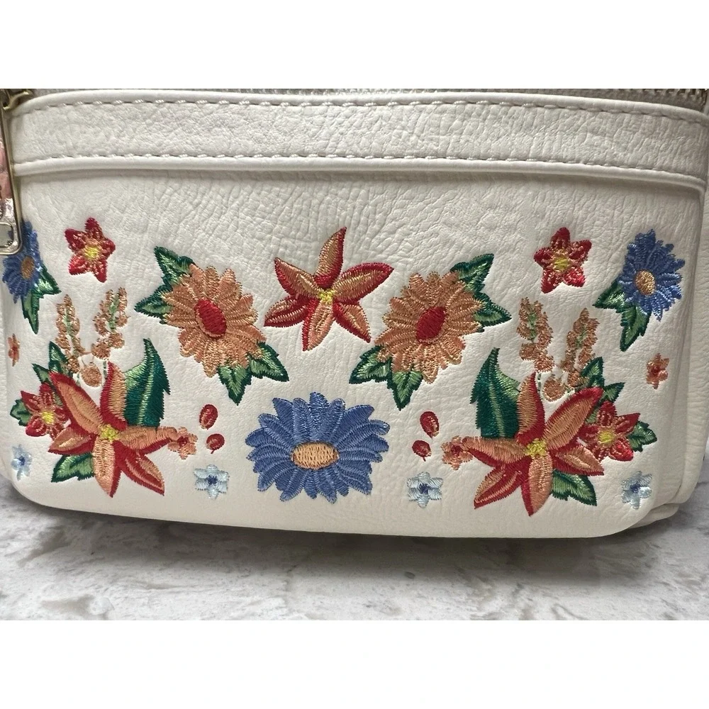 Loungefly Disney Minnie Mouse Embroidered Floral Bow Mini Backpack Beige NEW - Picture 2 of 12